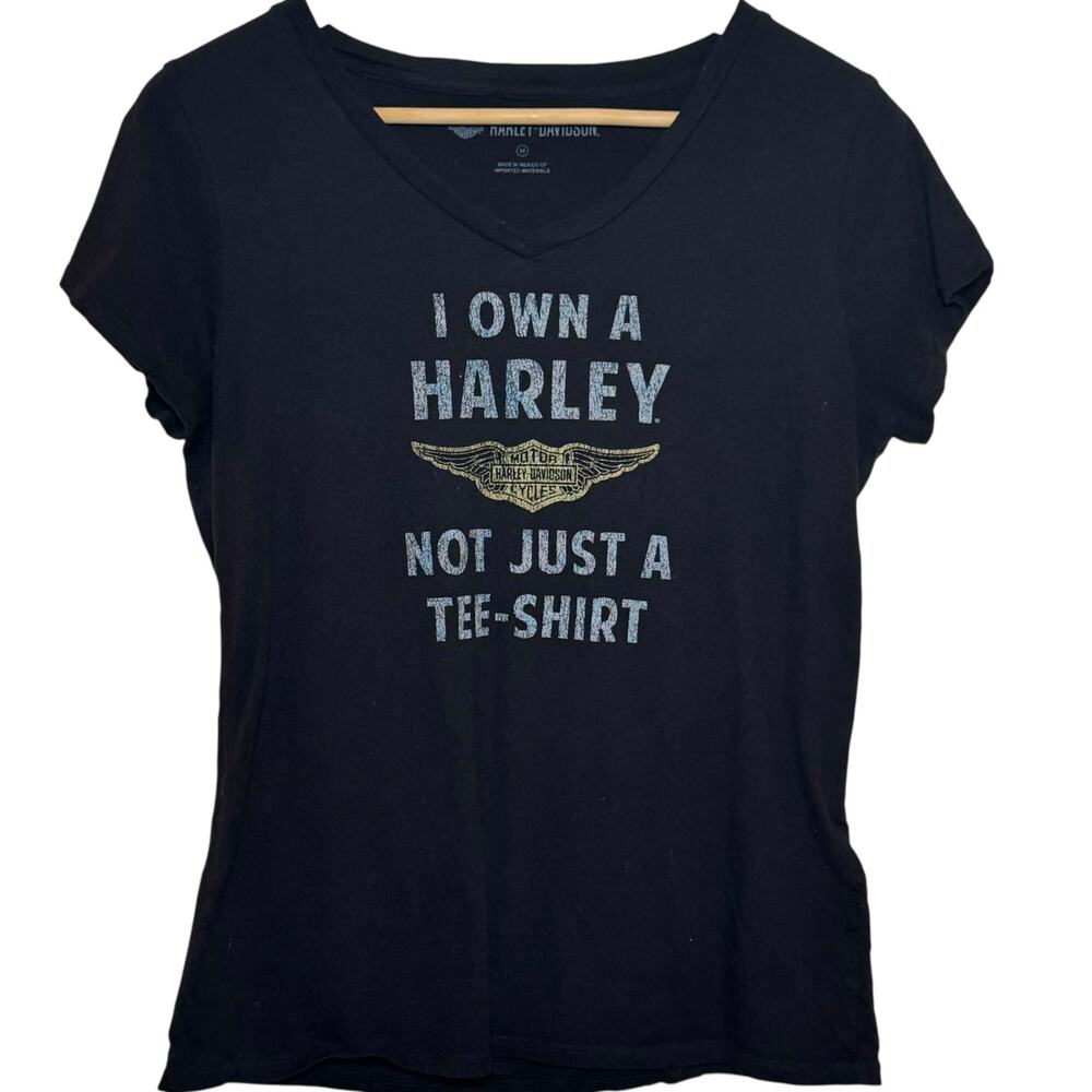 Harley Davidson Black V-Neck I Own a Harley 100% Cotton Size Medium T-Shirt